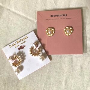 2 Pairs - Faux Pearl Gold Toned Earrings Set
